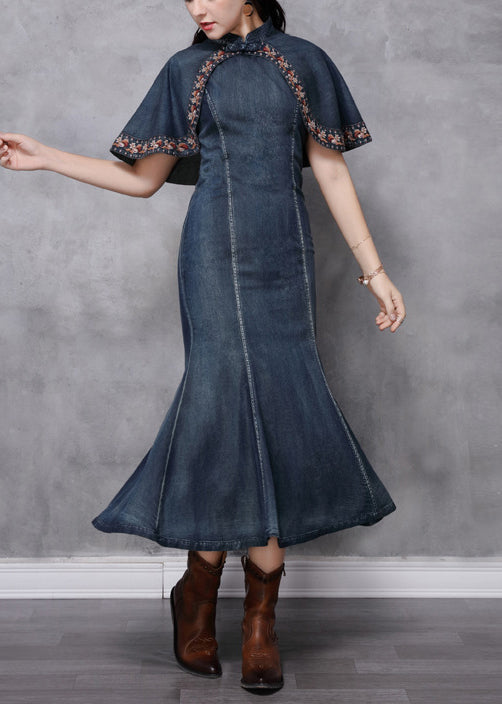 Blue Mandarin Collar Ruffled Cotton Long Denim Dress Cloak Sleeve
