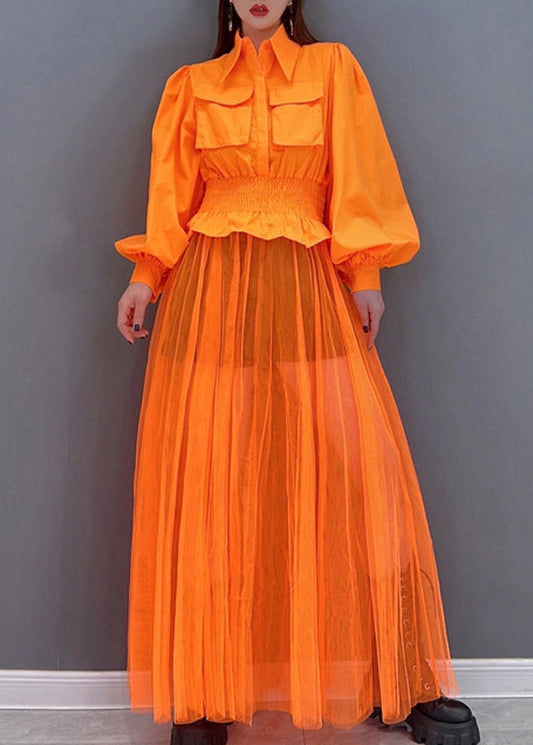 Orange Peter Pan Collar Elastic Waist Pocket Tulle Patchwork Shirt Dress Lantern Sleeve
