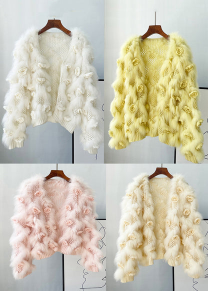 White Hollow Out Mink Hair Knitted Coat Winter