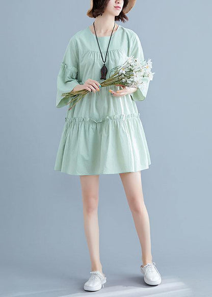 Light Green O-neck Ruffles Summer Cotton Vacation Dresses