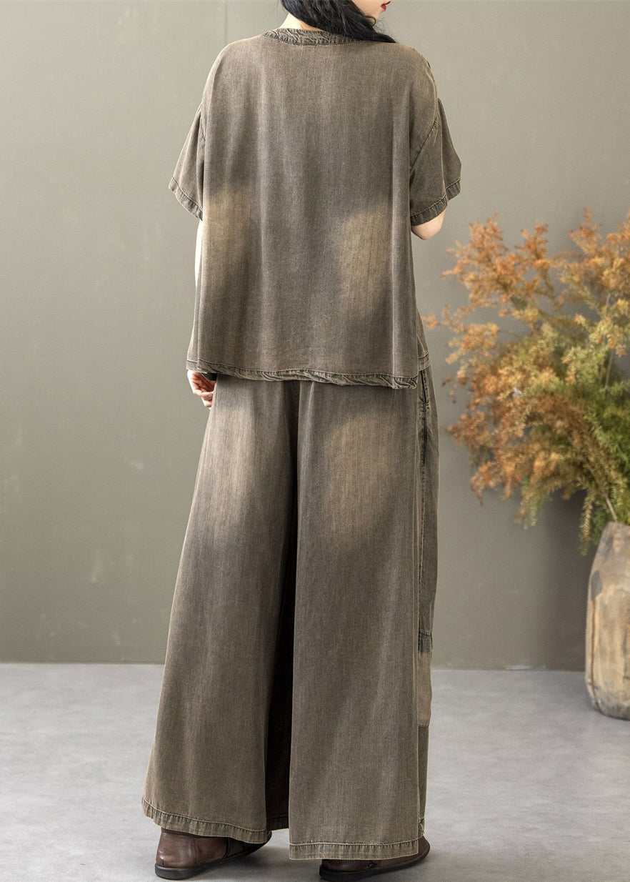 Khaki Elastic Waist Patchwork Denim Two Pieces Set O Neck Short Sleeve