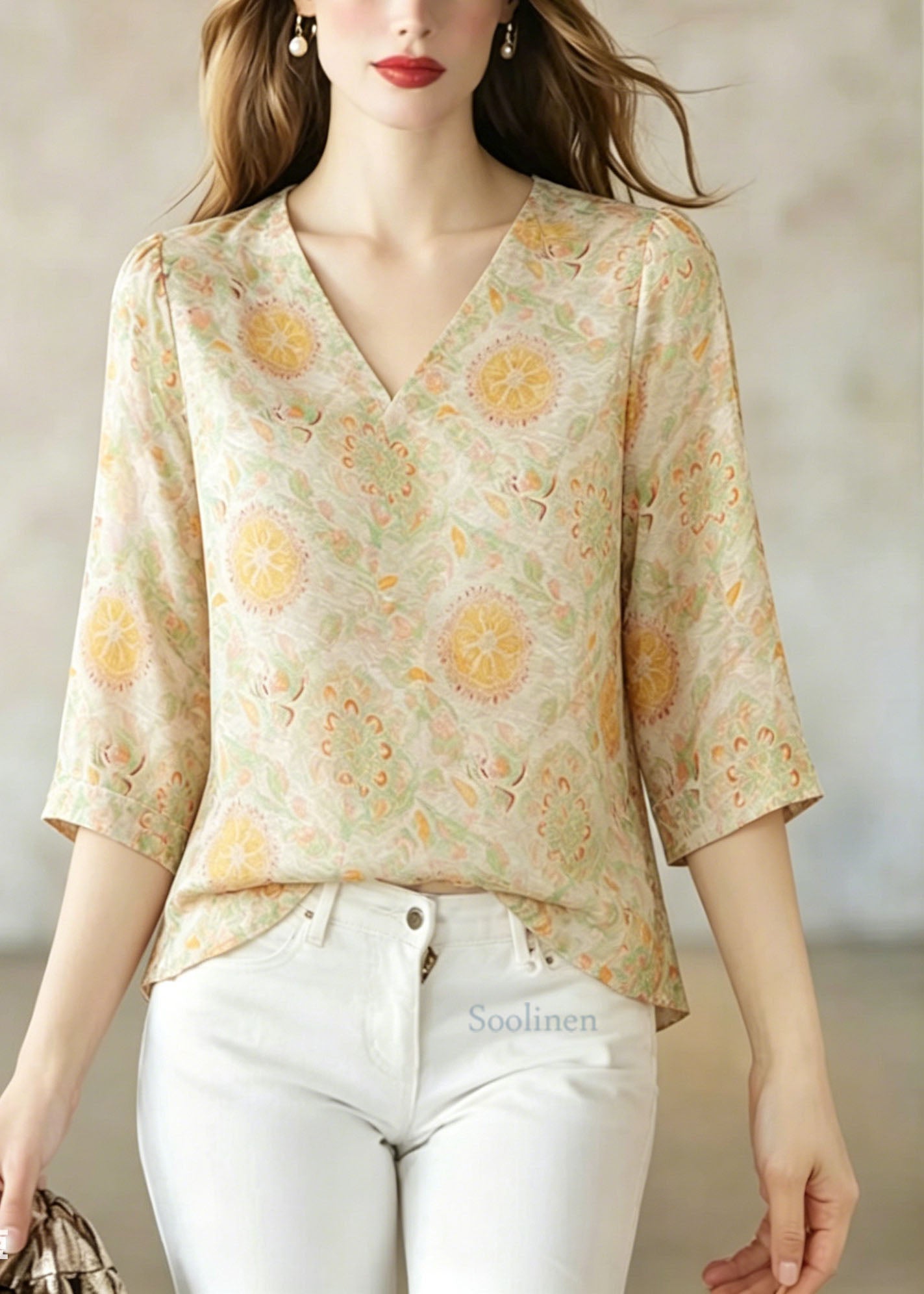 V Neck Jacquard Silk Shirt Top Bracelet Sleeve