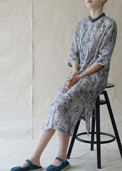 Blue Stand Collar Side Open Print Patchwork Linen Dresses Three Quarter Sleeve