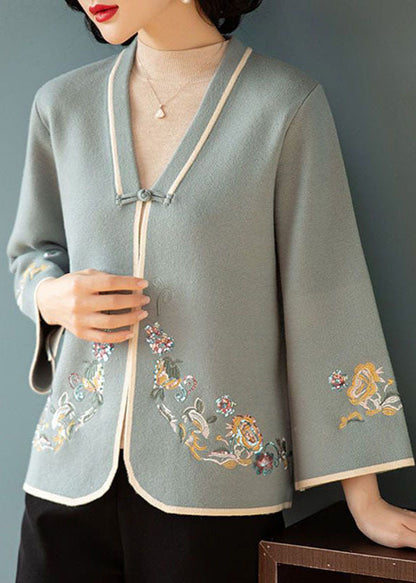 Blue V Neck Embroideried Woolen Coats Long Sleeve