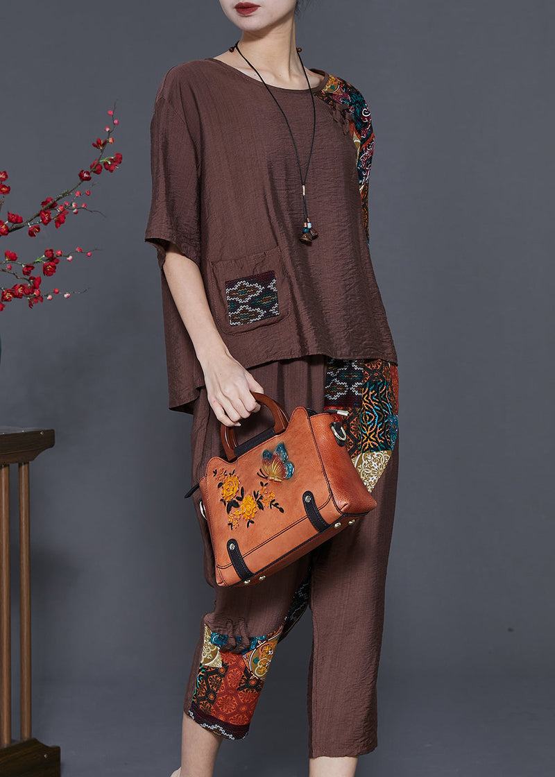 Coffee Chinese Button Patchwork Linen Two Pieces Set Summer