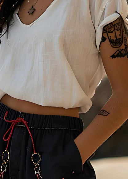 Stylish White V-neck Cotton Short T Shirts Tops Summer