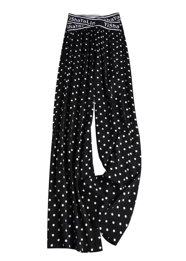 Black Print Elastic Waist Draping Chiffon Wide Leg Pants Summer