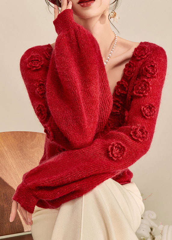 Style Red V Neck Drawstring Cotton Knit Sweater Lantern Sleeve Winter