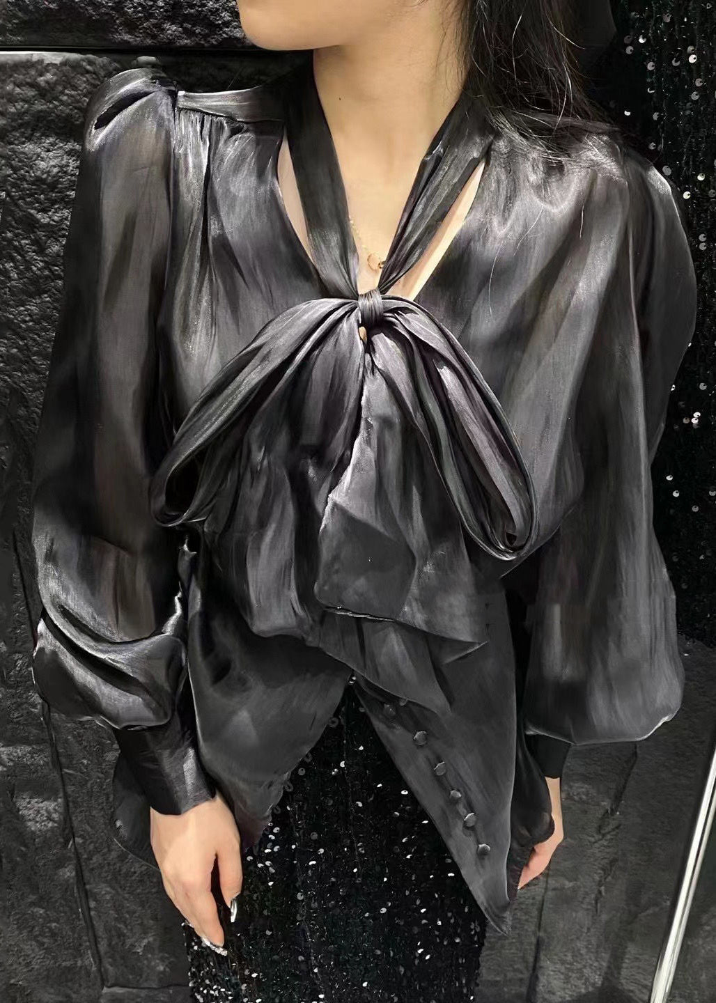 Black Button Silk Shirt Bow Long Sleeve