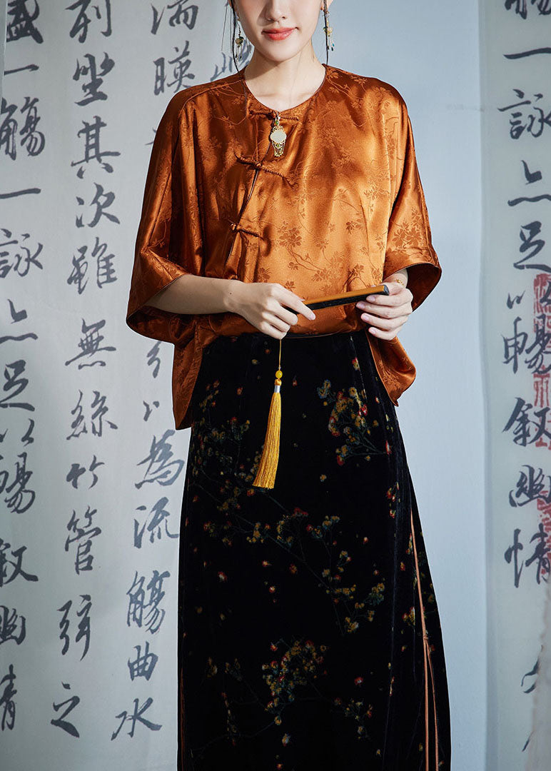 Caramel O-neck Oriental Button Side Open Jacquard Silk Shirt Half Sleeve