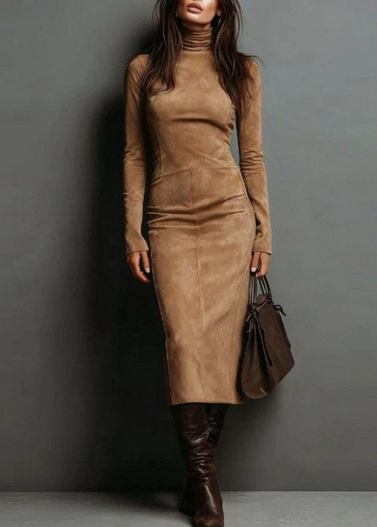 Khaki Hign Neck Slim Fit Faux Suede Dresses Spring