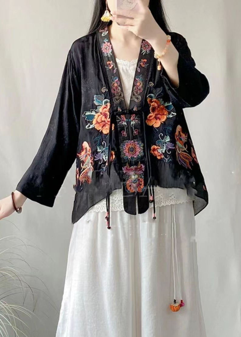 Black Linen Silk Cardigans Embroideried V Neck Tasseled Spring