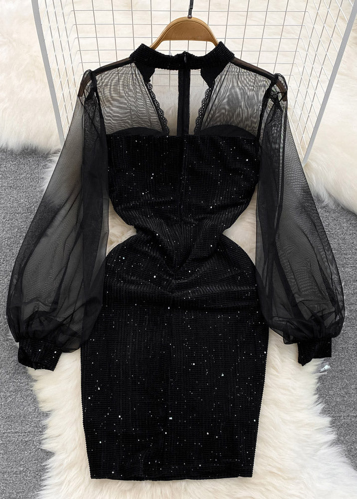 Black V Neck Sequins Patchwork Tulle Tunic Mid Dress Lantern Sleeve