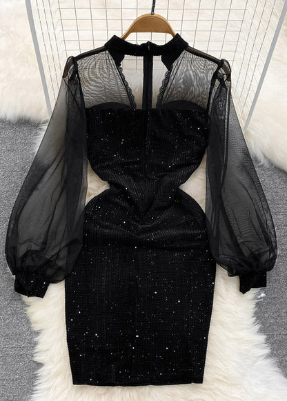 Black V Neck Sequins Patchwork Tulle Tunic Mid Dress Lantern Sleeve