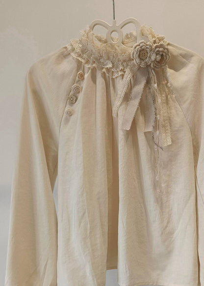 Beige Decorated Patchwork Lace Shirt Top Spring