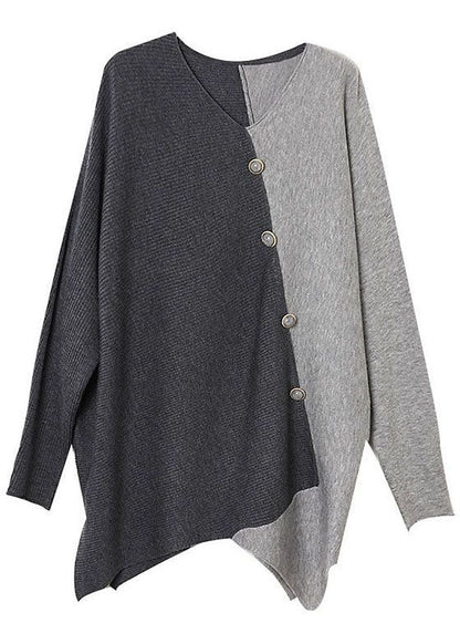 Grey Asymmetrical Patchwork Knit Shirt Winter