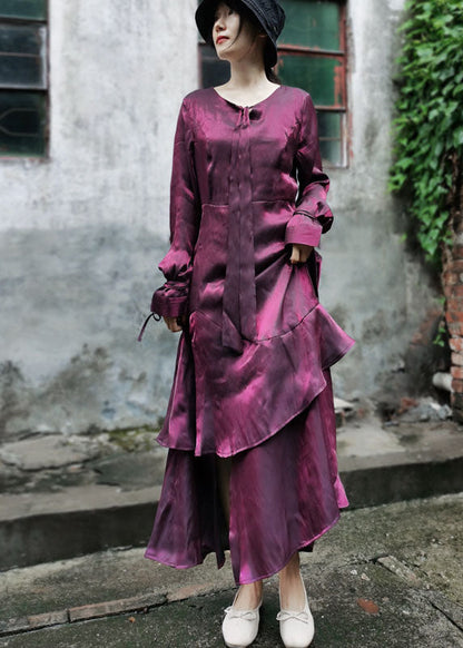 Maroon Asymmetrical Design Patchwork Ruffles Chiffon Dress Long Sleeve