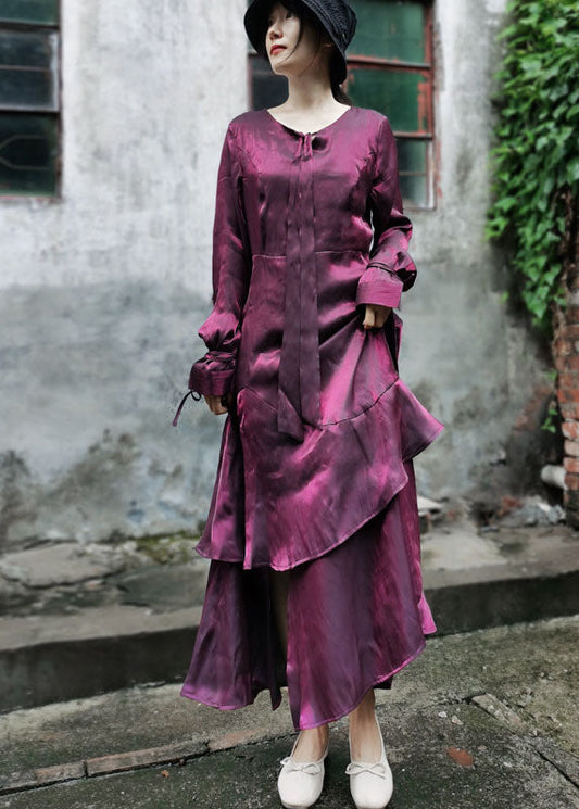 Maroon Asymmetrical Design Patchwork Ruffles Chiffon Dress Long Sleeve