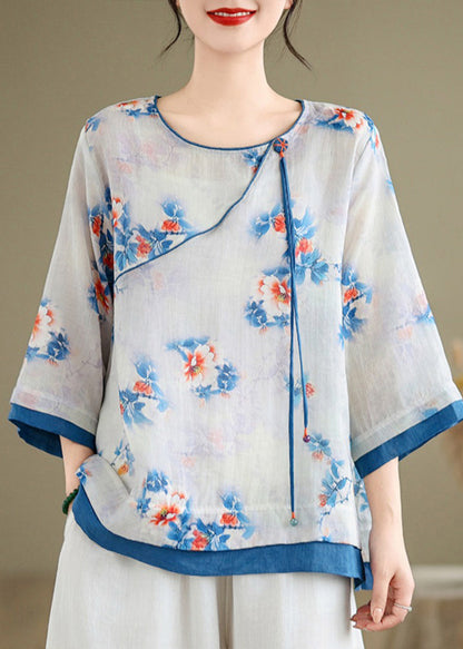 Blue O-neck Print Patchwork Shirt Long Sleeve