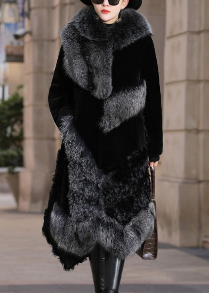 New Black Fox Collar Pockets Patchwork Leather and Fur Coats Winter