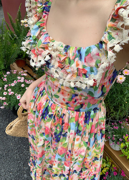 Stylish Print Lace High Waist Cotton Long Dresses Sleeveless