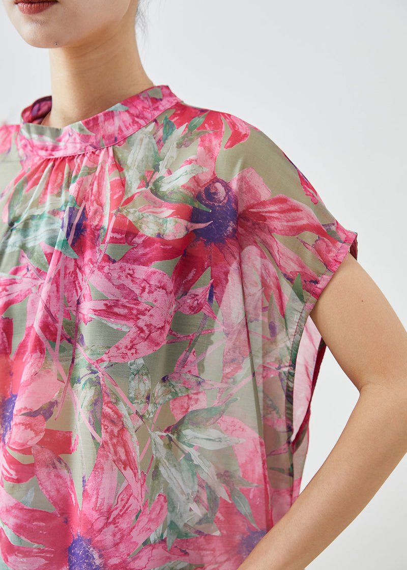 Italian Pink Print Wear on Both Sides Linen Silk Blouse Tops Summer