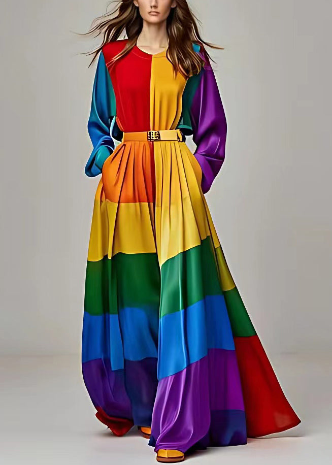 Colorblock Asymmetrical Pockets Patchwork Silk Ankle Dress Long Sleeve