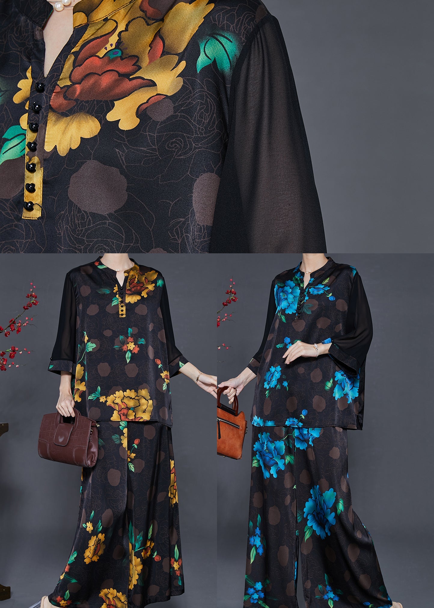 Blue Silk Two Piece Suit Set Oversized Fall