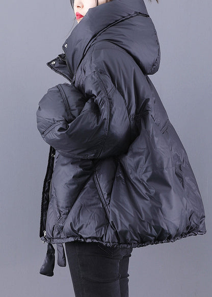 Black Hooded Loose Zippered Warm Winter Duck Down Jacket
