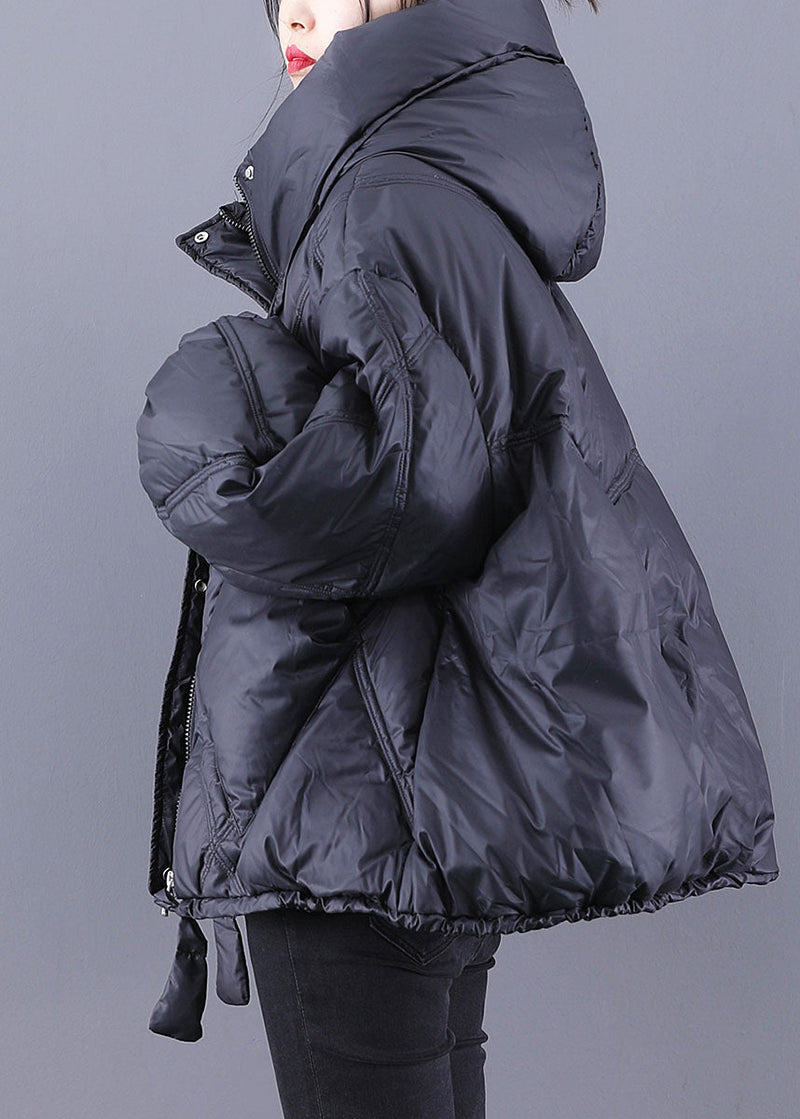 Black Hooded Loose Zippered Warm Winter Duck Down Jacket