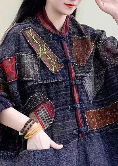Blue Patch Pockets Oriental Button Cotton Jackets Spring