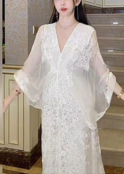 White V Neck Embroidered Cotton Maxi Dresses Batwing Sleeve