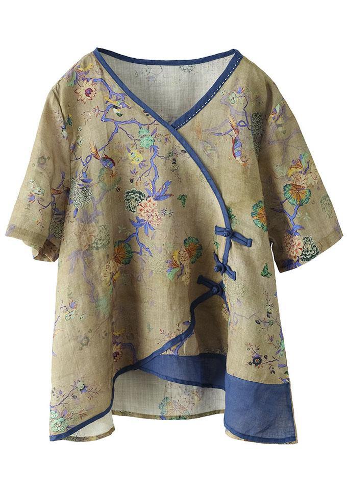Simple Purple Print Ramie Oriental Summer Tops