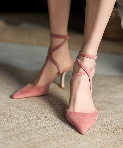 Pink High Heels Suede Pointed Toe Splicing Buckle Strap
