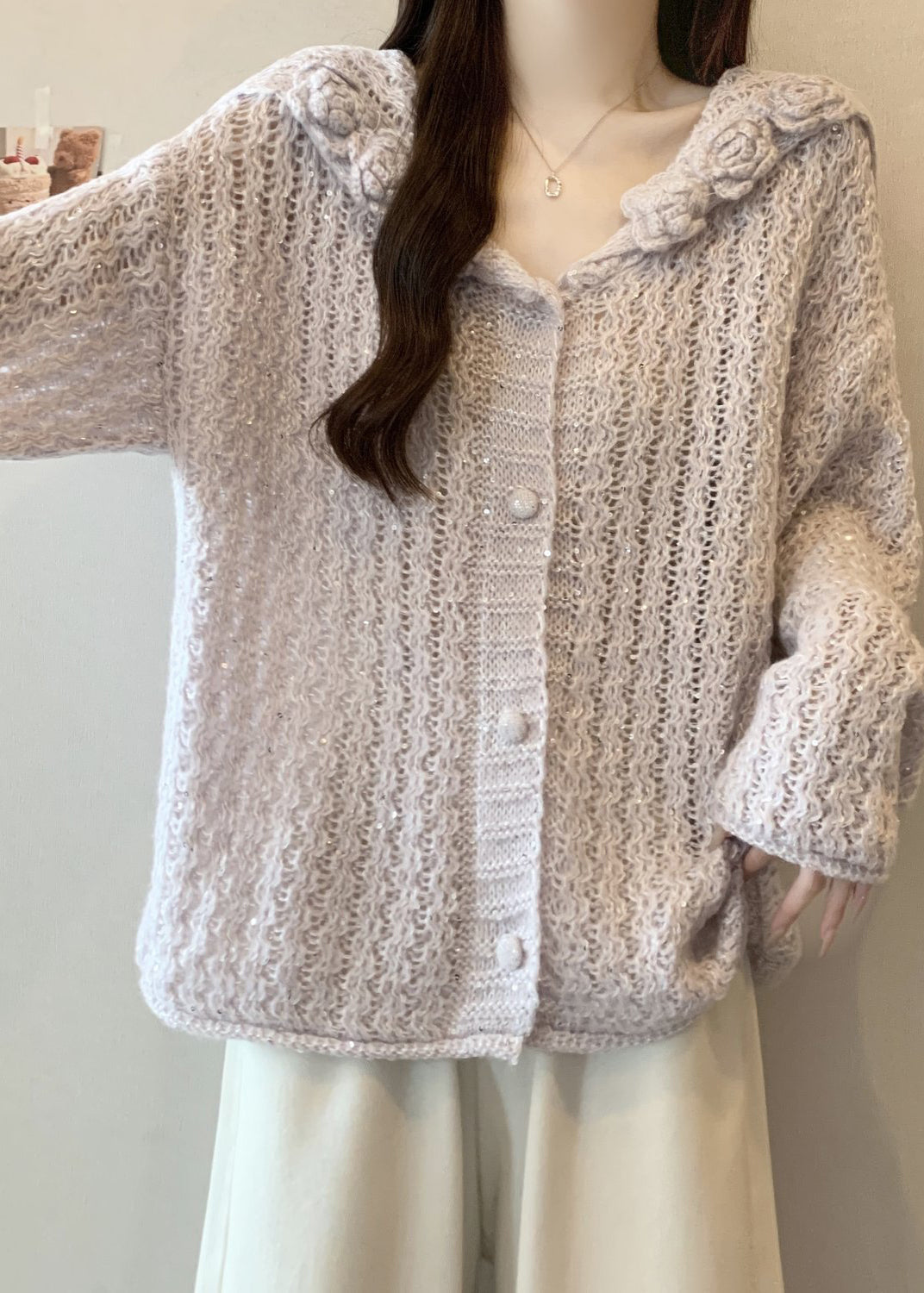 Classy Lavender Sailor Collar Knit Cardigan Fall