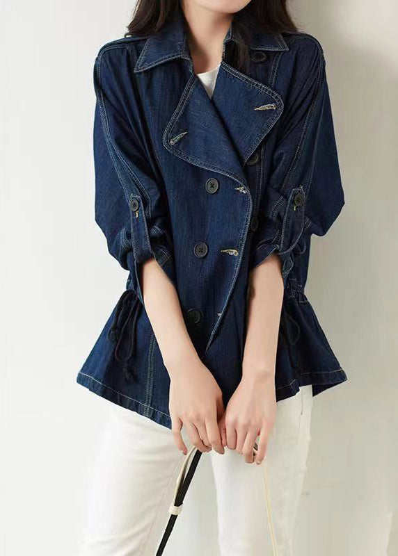 Dark Blue Square Collar Patchwork Button Denim Coats Fall