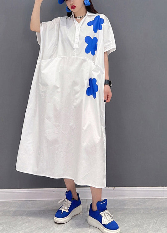 White Peter Pan Collar Print Long Dresses Short Sleeve