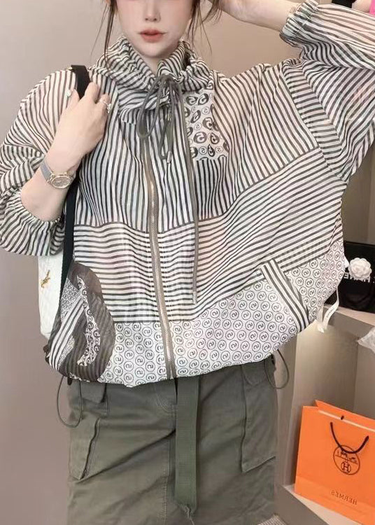 Hooded Drawstring Striped Jackets Summer