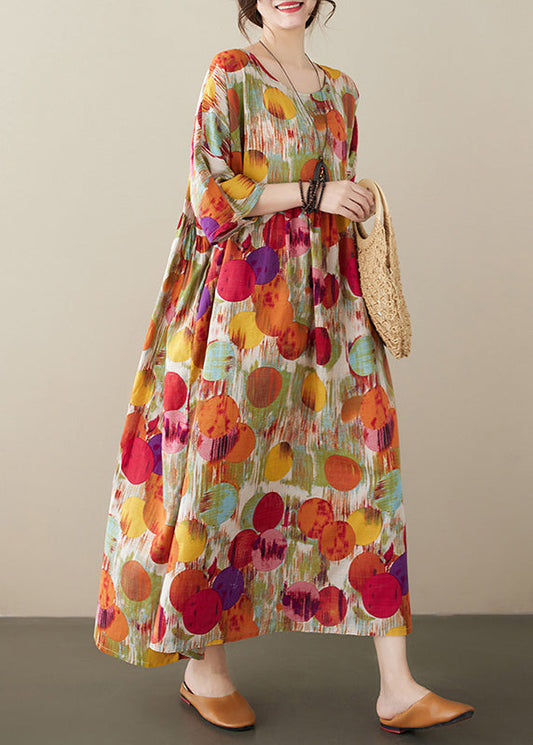 Red O-nec Print Wrinkled Maxi Dresses Half Sleeve