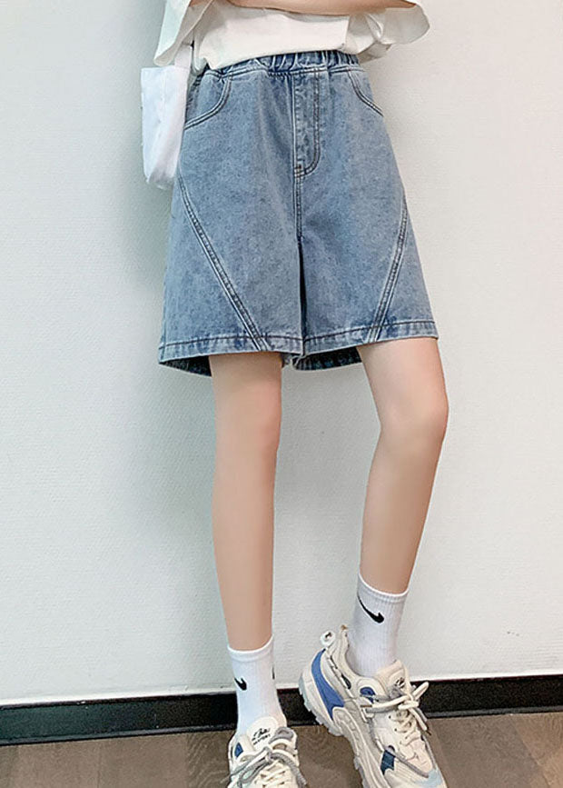Light Blue Elastic Waist Patchwork Cotton Denim Short Pants Summer