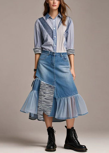 Blue Asymmetrical Patchwork Tulle Denim Skirts Spring