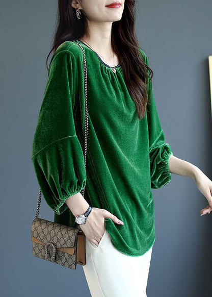 Green Patchwork Velour Shirt Tops Spring