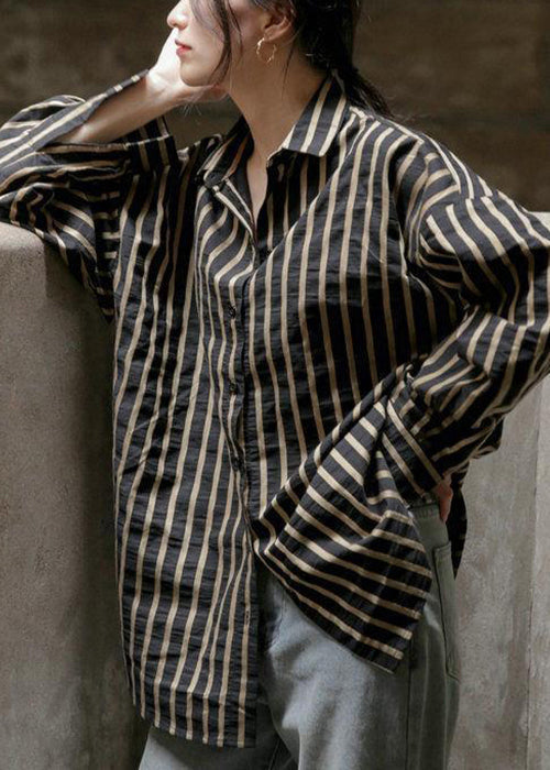 Apricot Striped Button Patchwork Cotton Blouse Fall