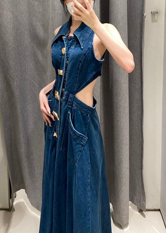 Blue Peter Pan Collar Patchwork Pockets Hollow Out Denim Long Dresses Summer