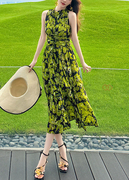 Green Print High Waist Chiffon Holiday Long Dress Summer