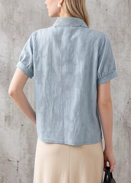 New Blue Peter Pan Collar Lace Patchwork Cotton Blouses Summer