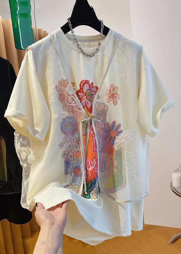 New Beige Tulle Waistcoat and Print T Shirt Two Pieces Set Summer