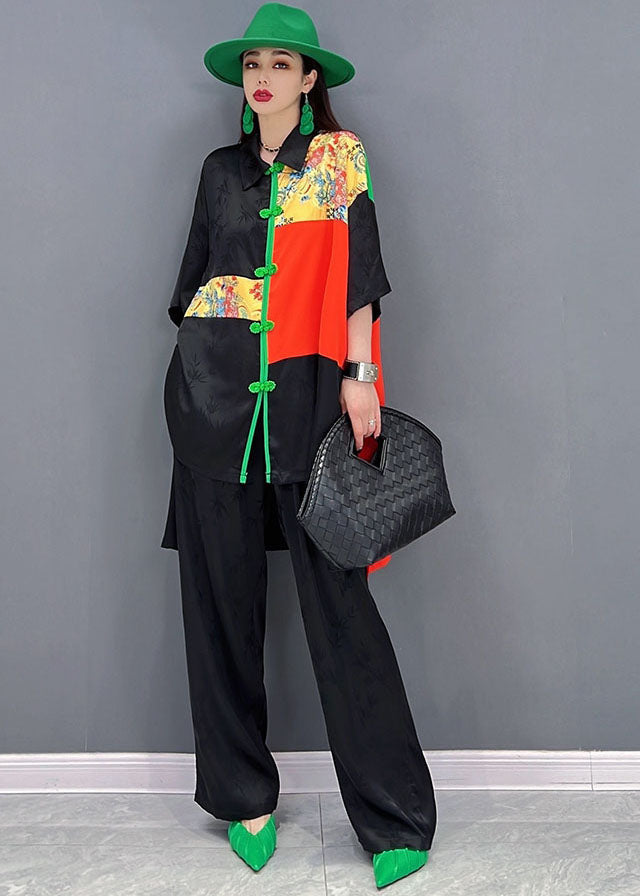 Black Patchwork Low High Design Jacquard Silk Two Pieces Set Summer
