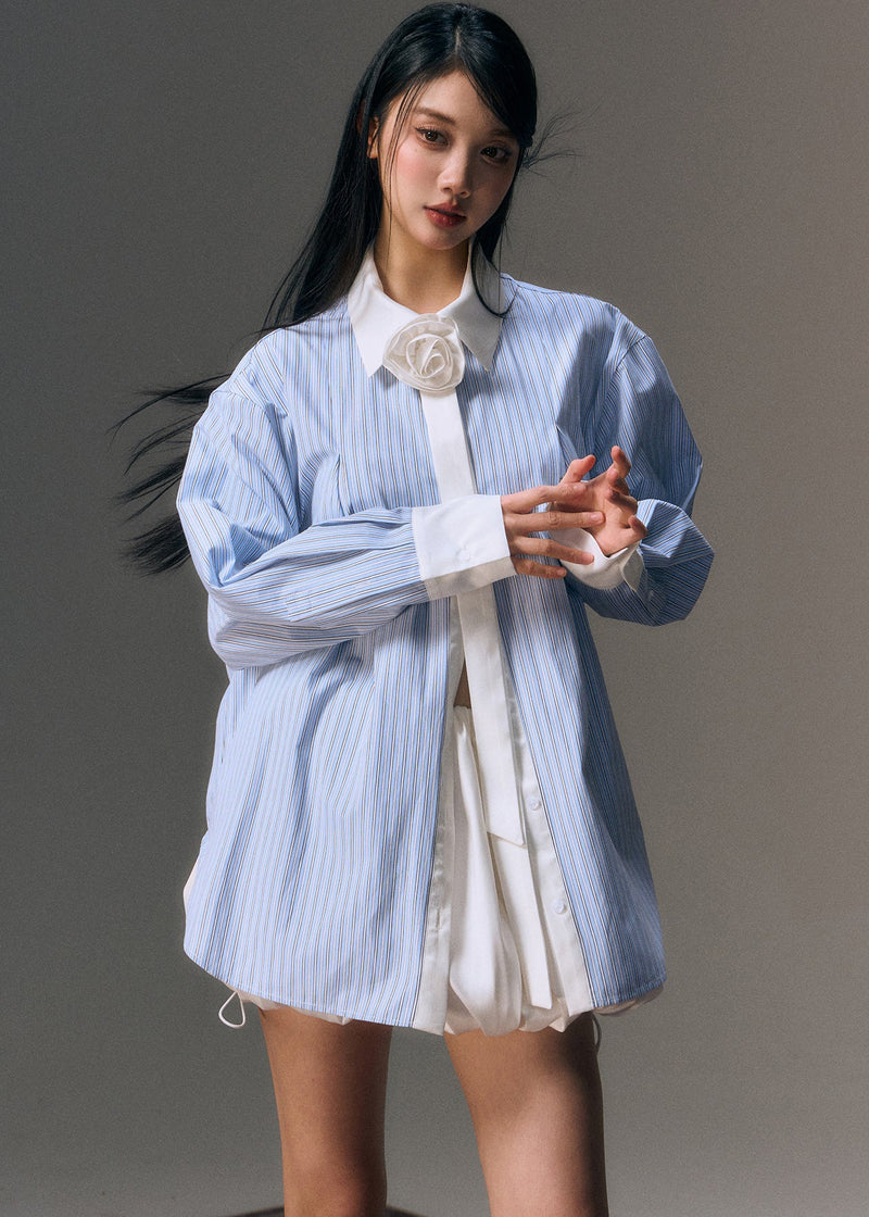 Blue Peter Pan Collar Striped Shirt and Skirts Two Pieces Set Fall