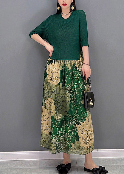 Green O-neck Chiffon Patchwork Print Knit Long Dress Half Sleeve